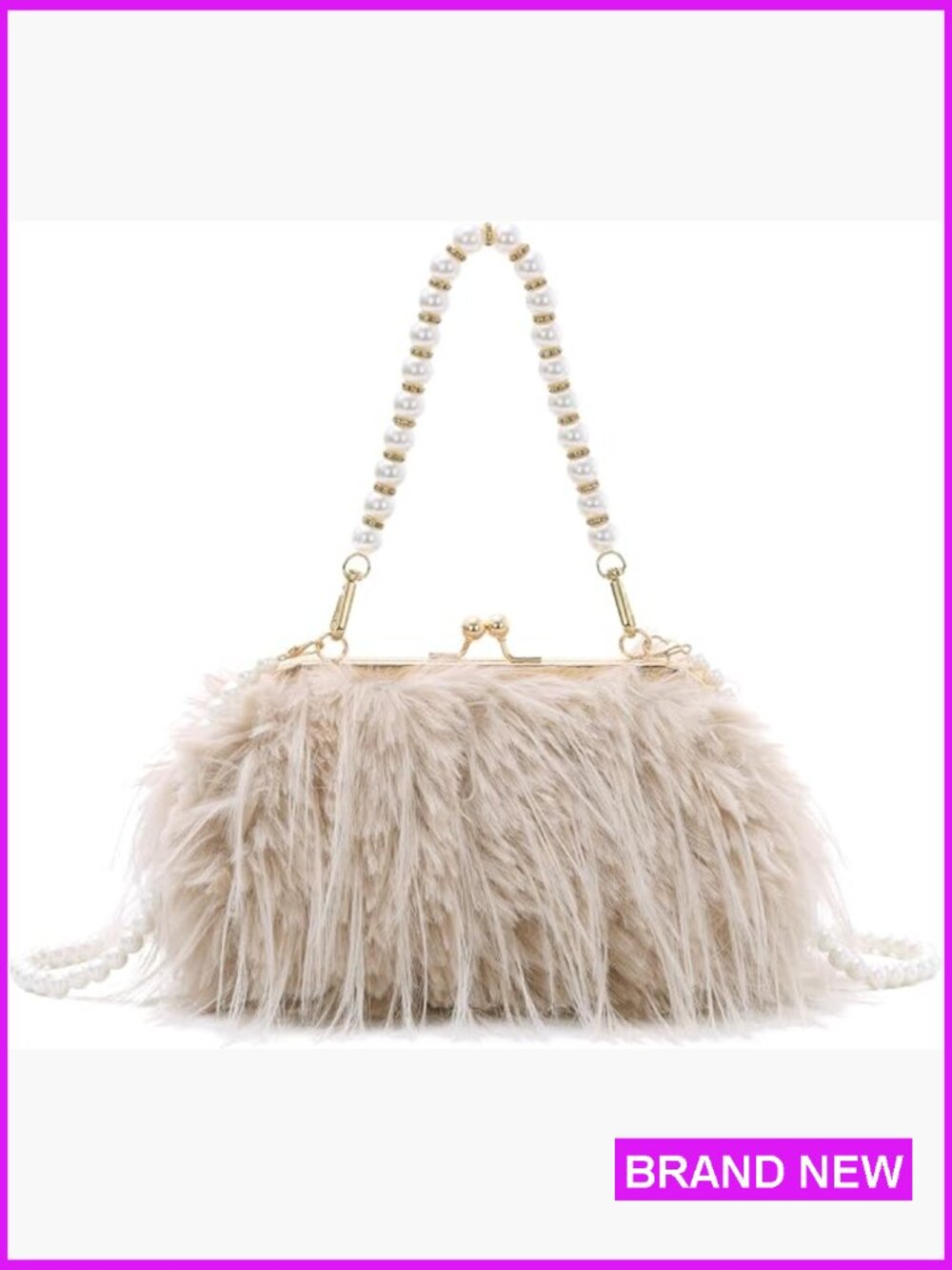 Fluffy Ostrich Feather Clutch Evening Handbag Pearl Chain Crossbody Bag Retro